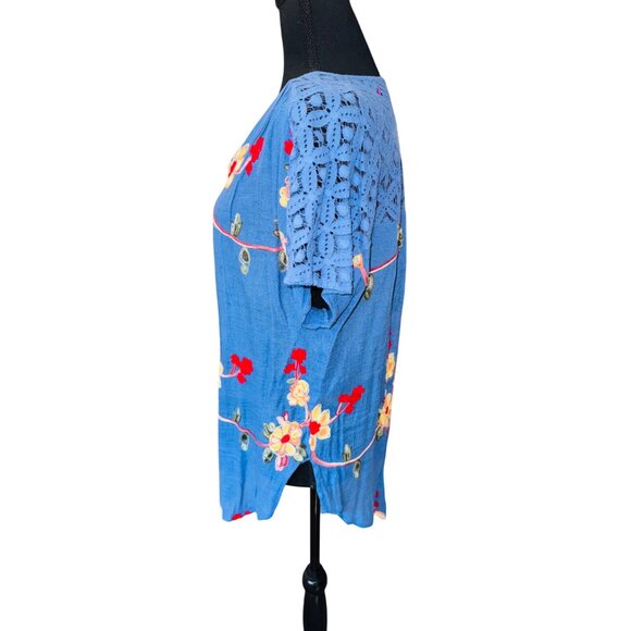 Anthropologie Fig & Flower Blue Embroidered Button Blouse M Crochet Lace Cottage - Picture 4 of 8